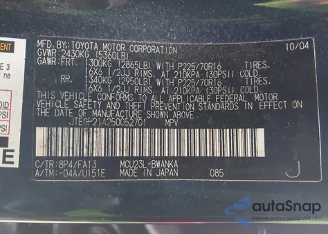 2005 Toyota Highlander V6 z USA, uszkodzony, nr VIN JTEGP21A250052701